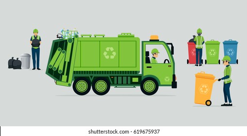 Garbage Truck Driver With Recycle Bins.