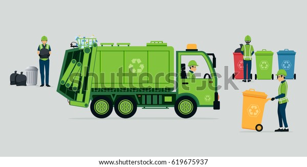 Garbage truck driver with\
recycle bins.
