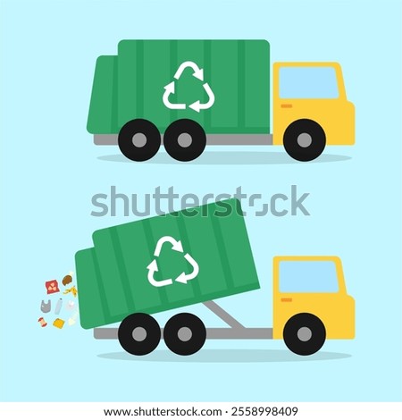 Garbage truck dumping garbage, green garbage truck cleaning the city vector illustration