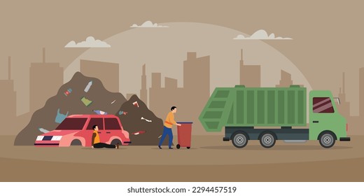 Garbage truck dumping rubbish 2d vector illustration concept for banner, website, illustration, landing page, flyer, etc