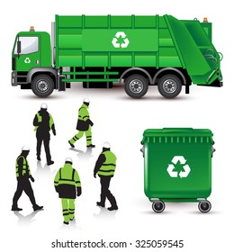 Garbage truck, dumpster and workers isolated on white. Vector illustration