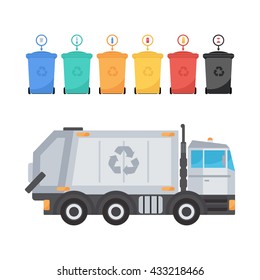 Garbage truck with a dumpsters. Recycle truck icon. Vector.