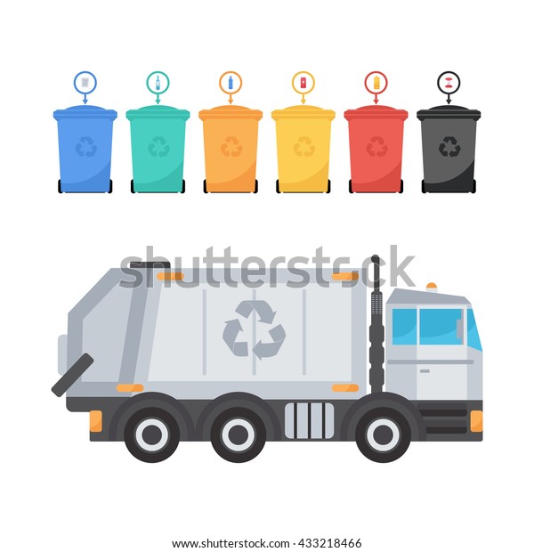 Garbage truck with a dumpsters. Recycle truck
icon. Vector.