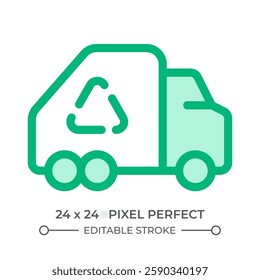 Garbage truck duotone color ui icon. Dustcart with recycling symbol on trailer. Waste management in city area. Isolated vector illustration. Web design user interface element, pixel perfect