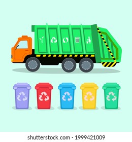 Garbage truck and five containers for separate garbage storage. Garbage recycling signs on a waste truck.