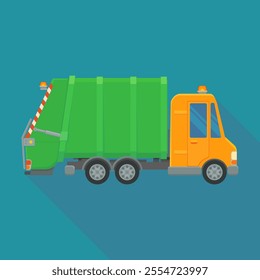 Garbage truck in flat design style on a blue background with long shadow