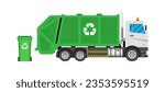 Garbage truck with frontal loader. Collection and transportation of solid household and commercial waste Green garbage truck. Vector flat illustration