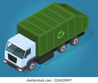 Garbage truck with frontal loader. Collection and transportation of solid household and commercial waste. Green truck with recycle sign. Lorry, automobile, zero waste sign, ecology preservation