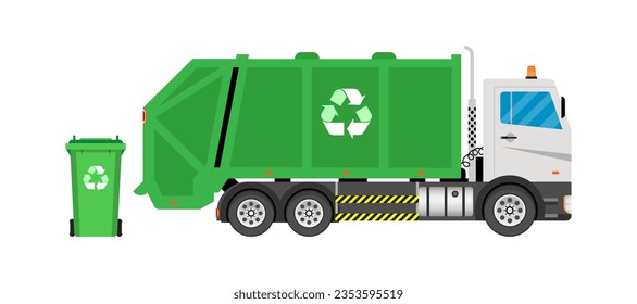 Garbage truck with frontal loader. Collection and transportation of solid household and commercial waste Green garbage truck. Vector flat illustration