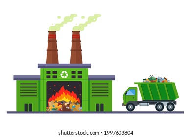 garbage truck goes to incinerate waste at an incineration plant. flat vector illustration.