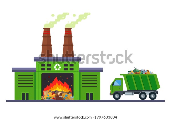 garbage truck goes to incinerate\
waste at an incineration plant. flat vector\
illustration.