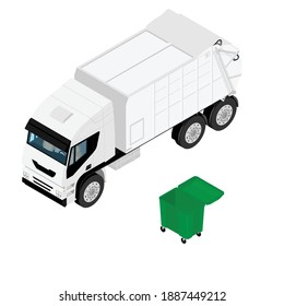 Camión de basura y contenedor de plástico verde aislado sobre fondo blanco. Vehículo para residuos. Vista isométrica. Vector