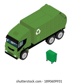 Garbage truck and green plastic container isolated on white background. Vehicle for waste. Isometric view. Vector