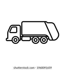 Garbage truck icon. Black contour linear silhouette. Side view. Vector simple flat graphic illustration. The isolated object on a white background. Isolate.