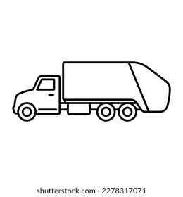 Garbage truck icon. Black contour linear silhouette. Side view. Editable strokes. Vector simple flat graphic illustration. Isolated object on a white background. Isolate.