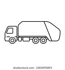 Garbage truck icon. Black contour linear silhouette. Side view. Editable strokes. Vector simple flat graphic illustration. Isolated object on a white background. Isolate. svg
