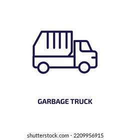 garbage truck icon from cleaning collection. Thin linear garbage truck, truck, bin outline icon isolated on white background. Line vector garbage truck sign, symbol for web and mobile