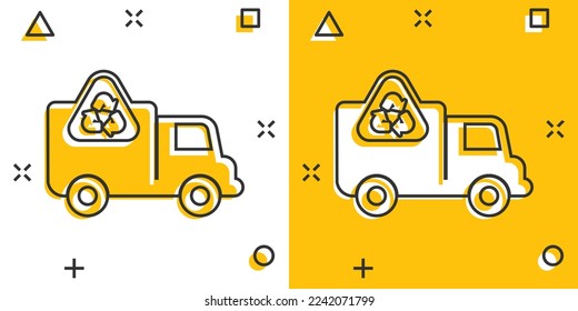 Garbage truck icon in comic style. Recycle cartoon vector illustration on white isolated background. Trash car splash effect sign business concept.