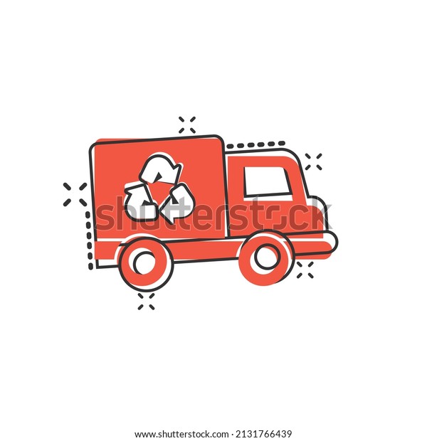 Garbage truck icon in comic style. Recycle\
cartoon vector illustration on white isolated background. Trash car\
splash effect sign business\
concept.