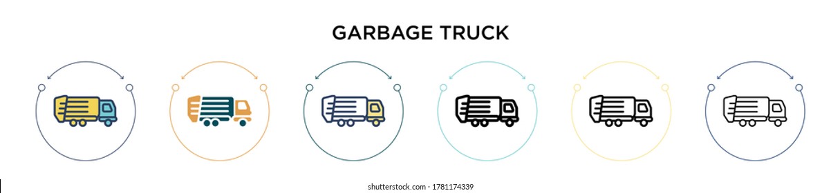 Icono de camión de basura en el estilo relleno, delgado, contorno y trazo. Ilustración vectorial de dos iconos vectores de camiones de basura de color y negro se pueden utilizar para móviles, ui, web
