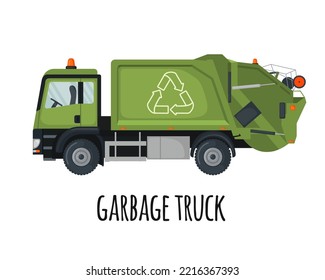 Müllwagen-Symbol im flachen Stil einzeln auf weißem Hintergrund. Fahrzeug zur Sammlung von Öko-Abfällen. Wiederverwenden, reduzieren, recyceln des Konzepts. Vektorgrafik.