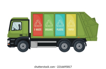 Garbage truck icon in flat style isolated on white background. Vehicle for separate waste collection. Care for the environment. Reuse, reduce, recycle concept. Vector illustration.