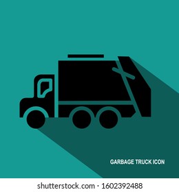 The garbage truck icon is isolated with a long shadow. Vector illustration