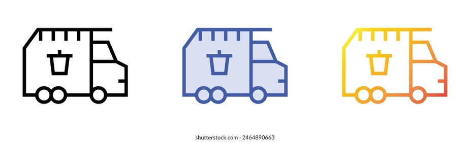 icono del camión de basura. Diseño de estilo de relleno lineal, azul y degradado aislado sobre fondo blanco