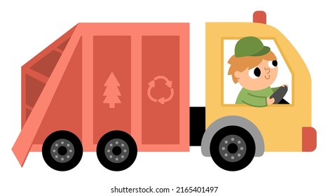 Garbage truck icon. Man driving rubbish van with recycling sign. Trash car illustration isolated on white background. Waste sorting concept. Vector environment protection picture
