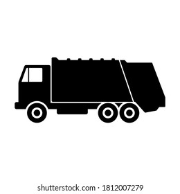 Garbage truck icon. Side view. Black silhouette. Vector flat graphic illustration. The isolated object on a white background. Isolate. svg