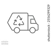 Garbage truck icon. Simple outline style. Landfill, recycling, trash, container, garbage management, vehicle, transportation concept. Thin line symbol. Vector illustration isolated. Editable stroke.