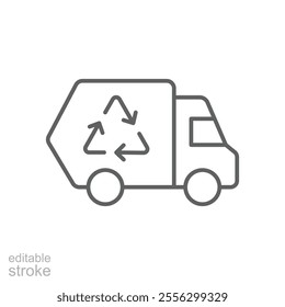 Garbage truck icon. Simple outline style. Landfill, recycling, trash, container, garbage management, vehicle, transportation concept. Thin line symbol. Vector illustration isolated. Editable stroke.