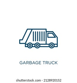 Garbage Truck Icon. Thin Linear Garbage Truck Outline Icon Isolated On White Background. Line Vector Garbage Truck Sign, Symbol For Web And Mobile