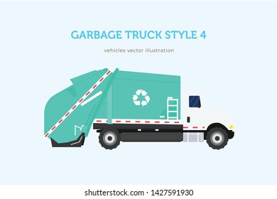 Garbage truck isolated on blue background. - vector