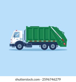 A garbage truck, isolated on a plain background, designed for collecting and transporting waste with a large storage compartment and an efficient loading system.