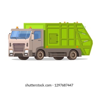 Garbage truck isolated on white background. Waste vehicle front .Urban sanitary loader truck.City service.Vector illustration.Cleaning of streets of the cities.Separate collecting waste.