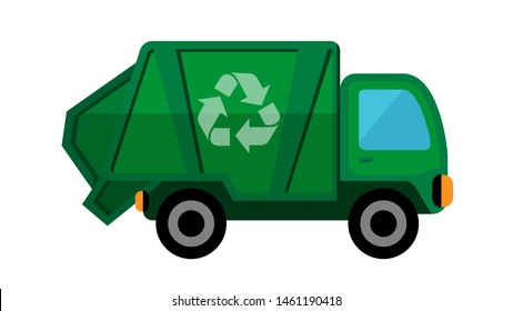 garbage truck isolated on white background, clip art of recycle truck waste management, garbage truck icon simple, illustration garbage truck green for flat infographic symbol