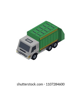 Garbage truck isometric 3D element. Automobile transportation icon, urban and countryside traffic icon vector illustration.