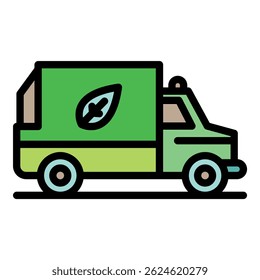 Garbage truck with a leaf icon. Outline garbage truck with a leaf vector icon color flat isolated