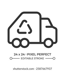 Garbage truck line ui icon. Dustcart with recycling symbol on trailer. Waste management in city area. Isolated vector outline symbol. Webdesign user interface element linear, pixel perfect