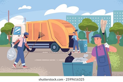 Garbage truck loading. Street cleaners load containers into trash car, collect waste in dustbins city street recycle rubbish workers municipal service, classy vector illustration original artwork