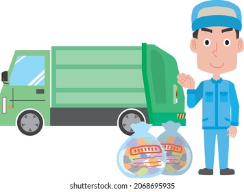 Garbage truck and male worker