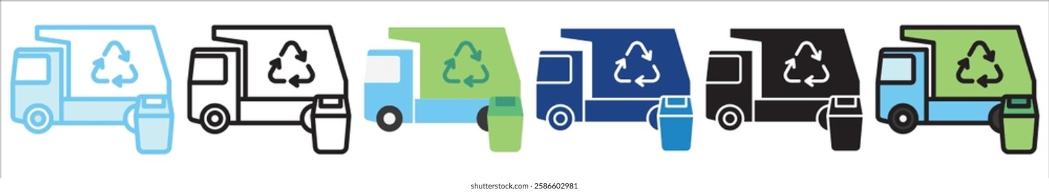 Garbage Truck multi style, mini illustration icon. outline, flat, glyph, line color, UI, UX, app and web, digital or print. For education, construction, transportation, environment, urban planning.