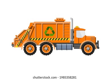 Garbage truck. Municipal solid waste transportation. Waste collection vehicle. Vector illustration isolated on white background