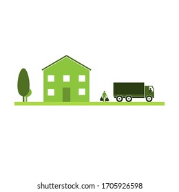 Garbage truck near the house, vector illustration
