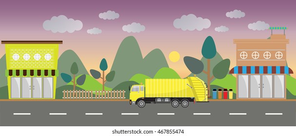 garbage truck on city background