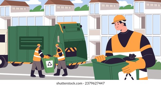 Garbage truck on urban street panoramic view. Workers collect rubbish bags from bin, container to car. Waste collector clean city. Municipal service recycle trash. Sanitation. Flat vector illustration