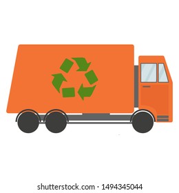 Garbage truck. Orange simple garbage collection car. Green recycling sign. Recycling garbage. Waste sorting. Vector isolated on white background.