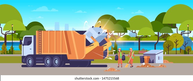 garbage truck picking up recycle trash bin janitors holding black rubbish plastic bags urban sanitary vehicle waste transportation street cleaning service concept flat horizontal landscape background
