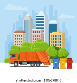 Garbage truck or Recycle truck in city. Garbage recycling and utilization equipment. City waste recycling concept with garbage truck. Vector illustration